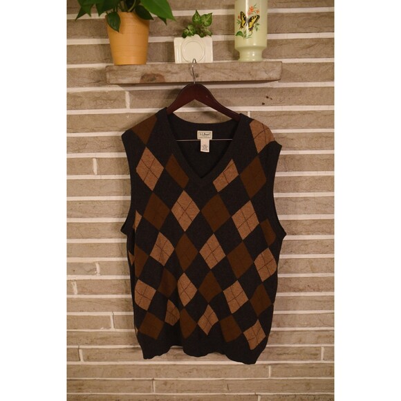 LL Bean Sweater Vest Mens 2XL Tall Brown Lambswool Argyle Academia preppy - Picture 1 of 7